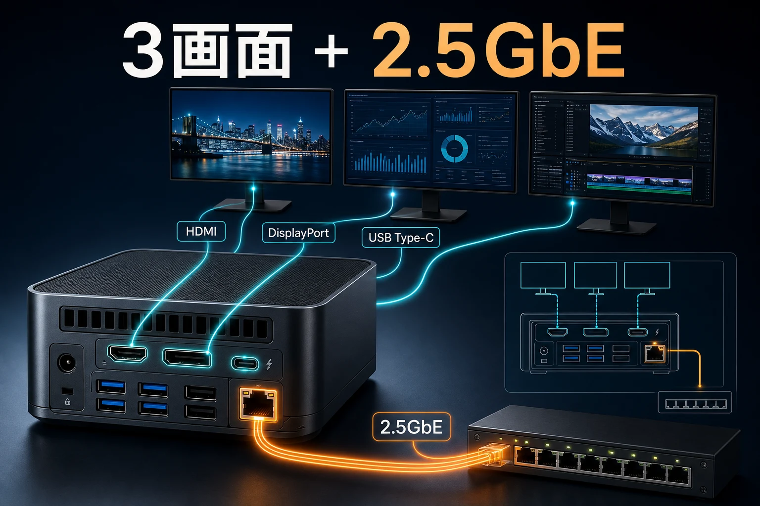 HDMIとDisplayPortとUSB Type-Cによる3画面出力と2.5GbE