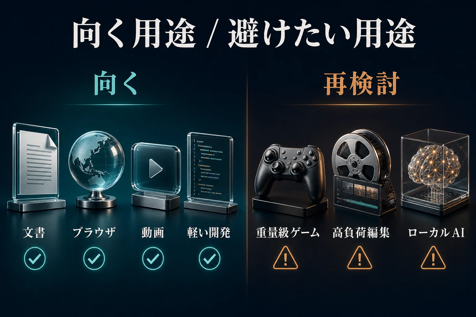 事務作業と軽い開発には向きAIと重量級ゲームには向かない用途整理