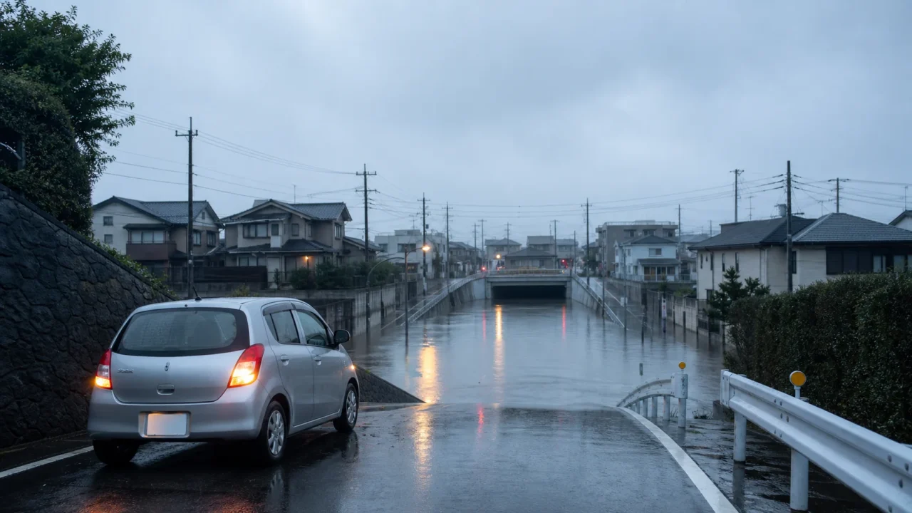大雨の道路で冠水路を避ける車と水没時の脱出手順