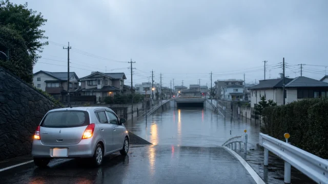 大雨の道路で冠水路を避ける車と水没時の脱出手順