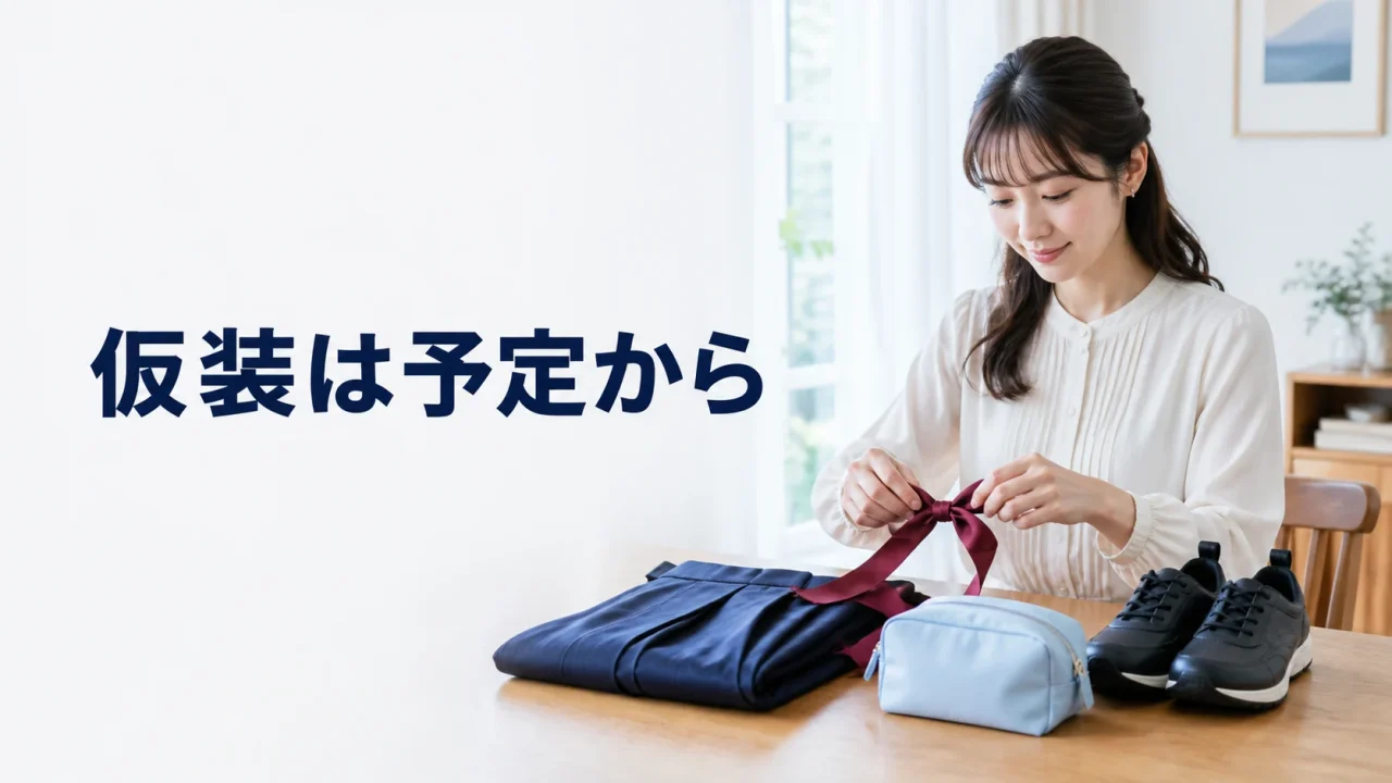 仮装の衣装と手元の荷物を自宅で準備する