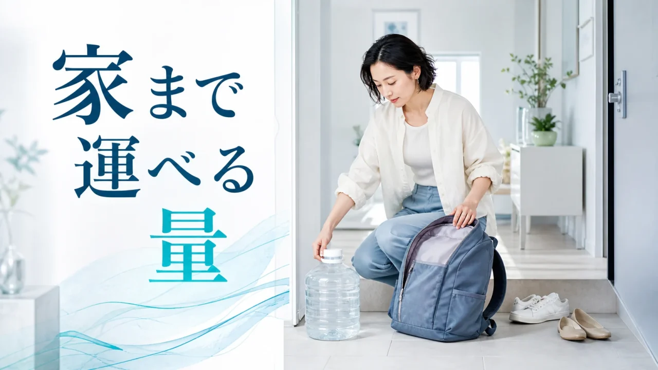 給水容器とリュックを玄関で合わせて運び方を考える準備