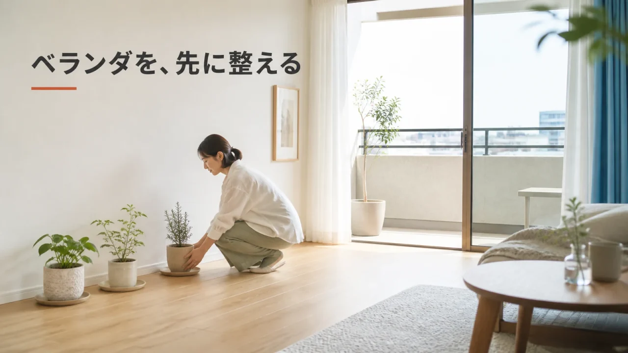 穏やかな日にベランダの小物を室内へ取り込み、通り道を空ける