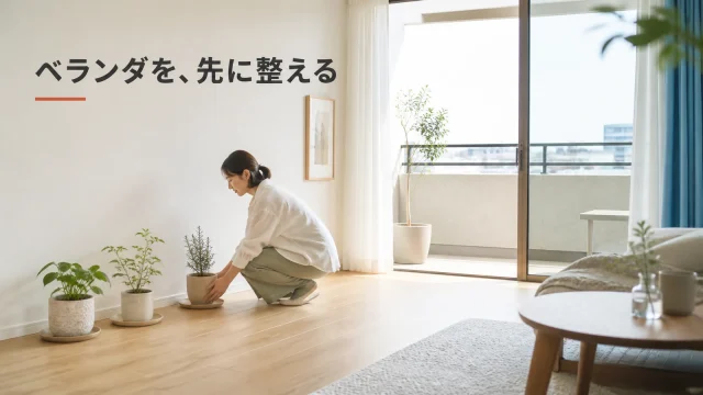穏やかな日にベランダの小物を室内へ取り込み、通り道を空ける