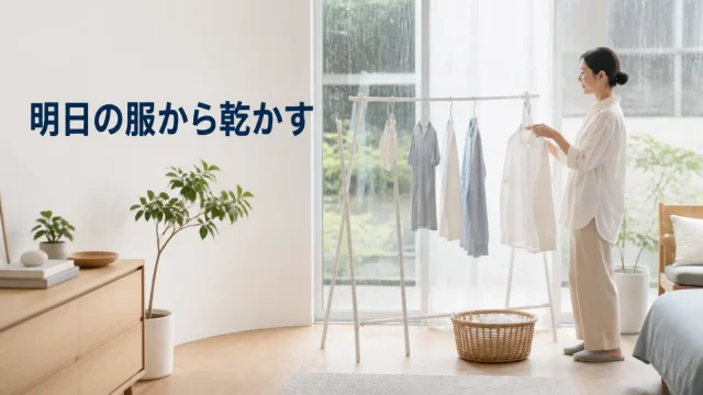 秋雨の日に翌朝の服と干し場を整える室内の洗濯準備