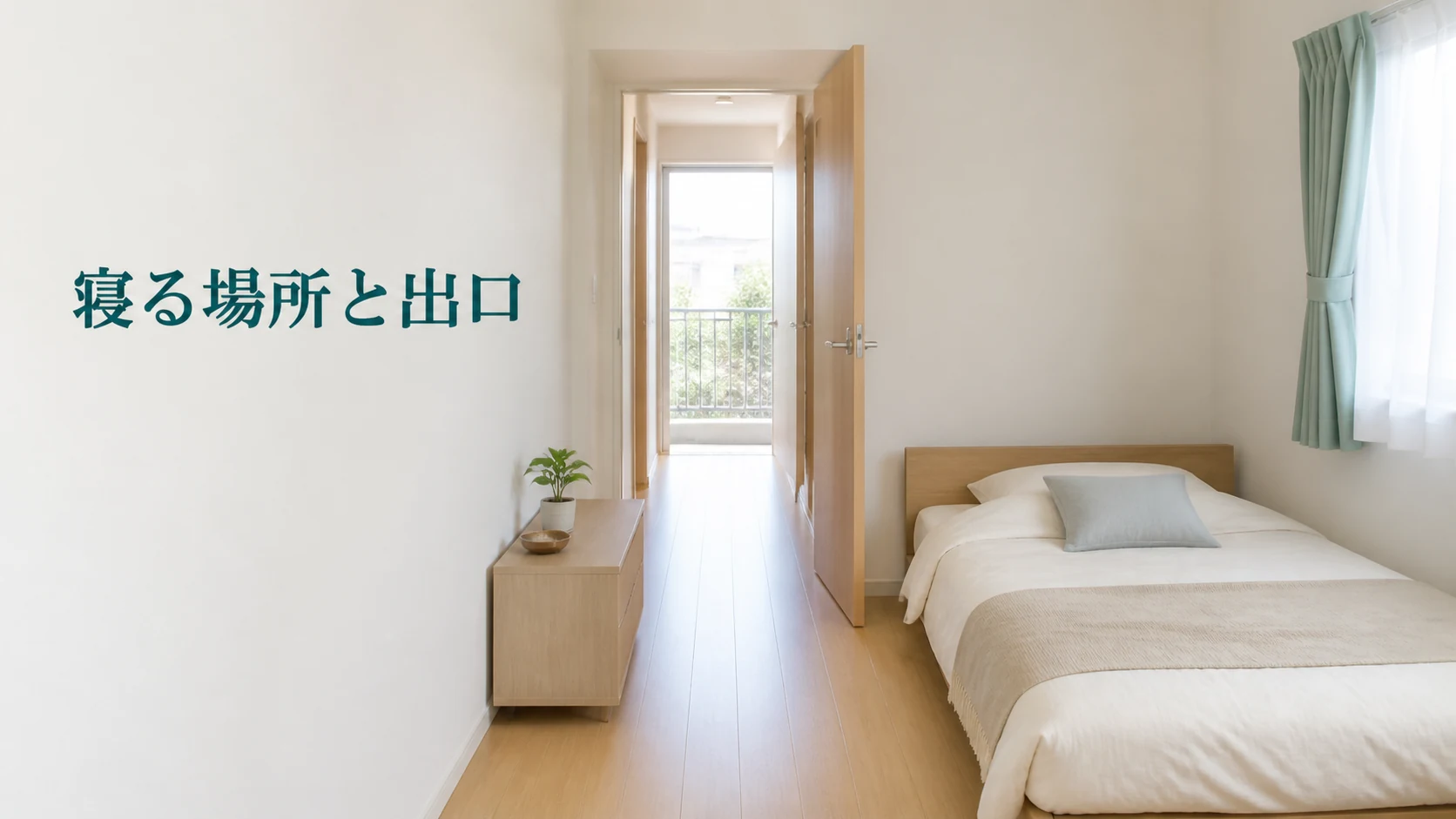 寝る場所と出入口の周囲に物を置かない部屋