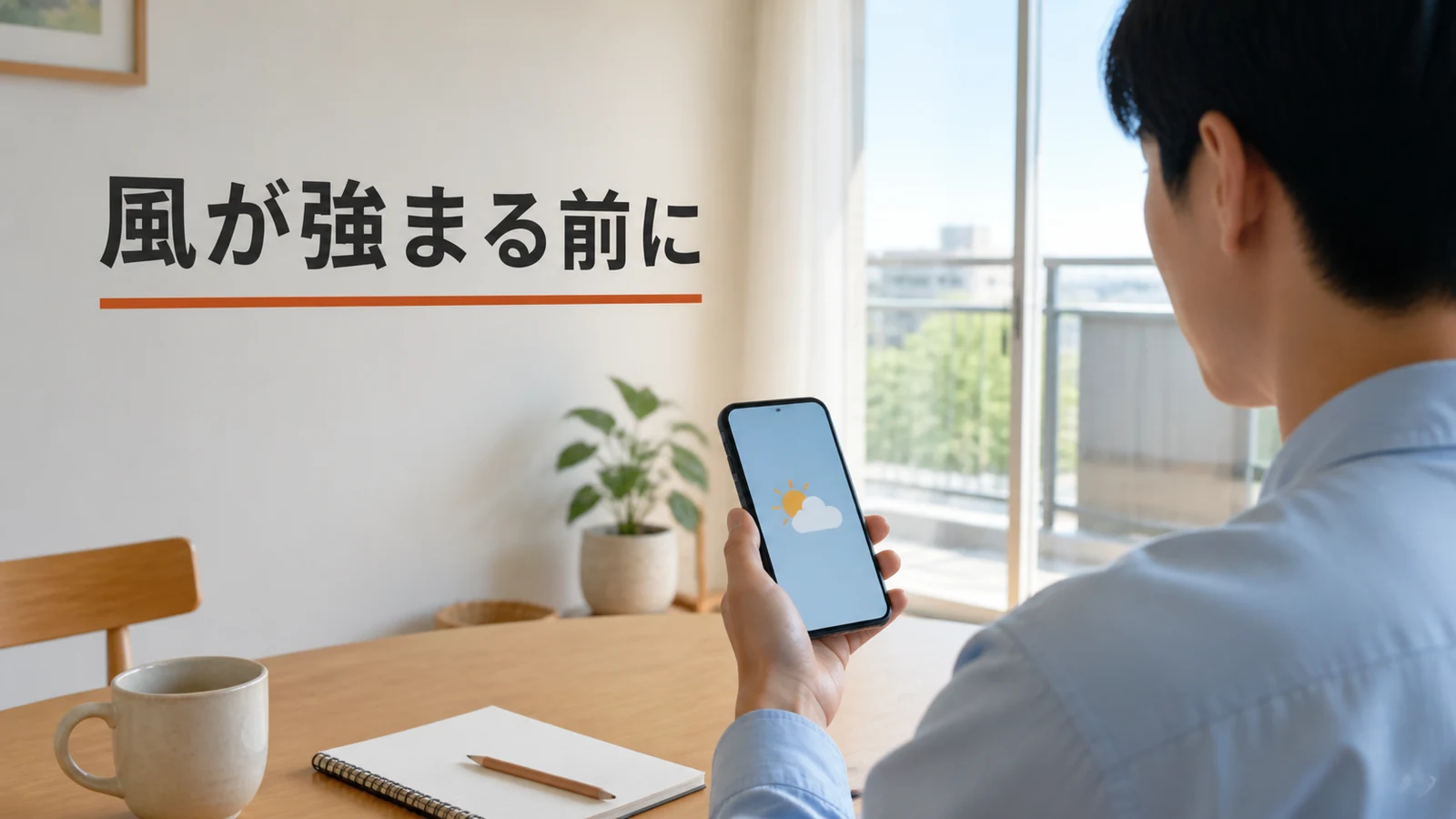 室内で天気と作業予定を確かめ、穏やかなうちにベランダを片付ける