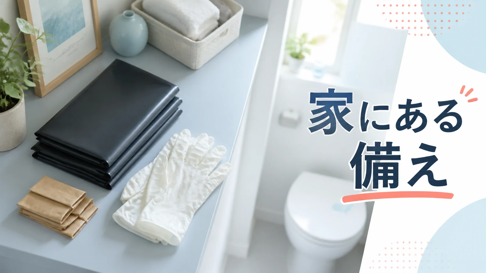 未使用の携帯トイレ用品と付属品を確かめる場面