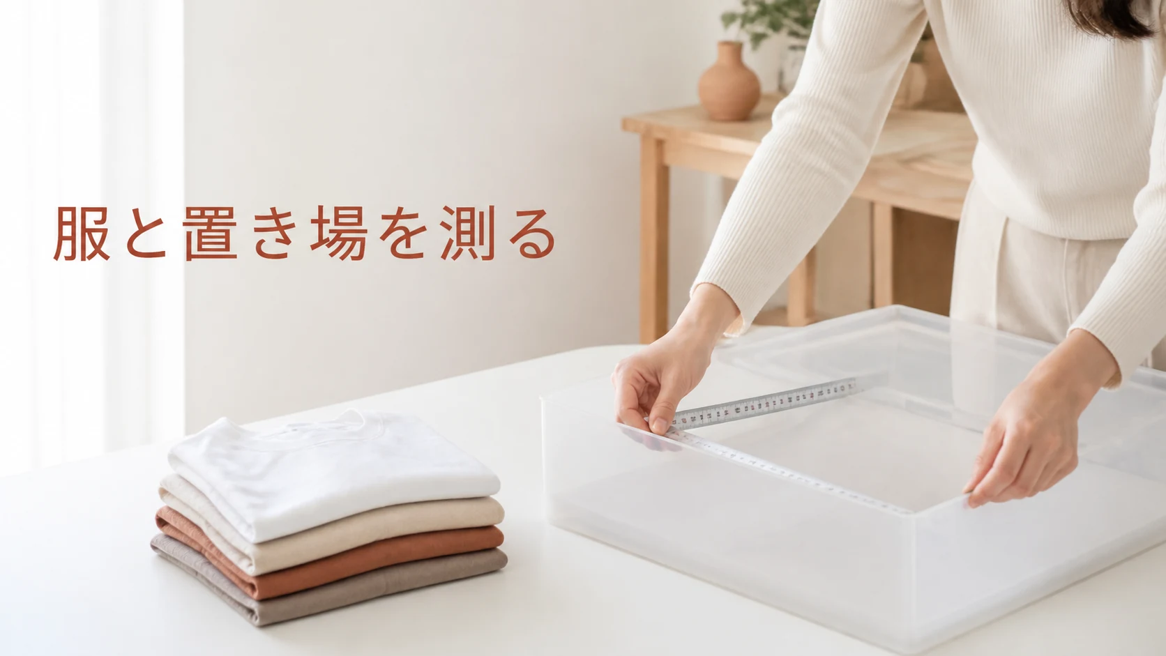たたんだ服と収納ケースの大きさを確かめる手元
