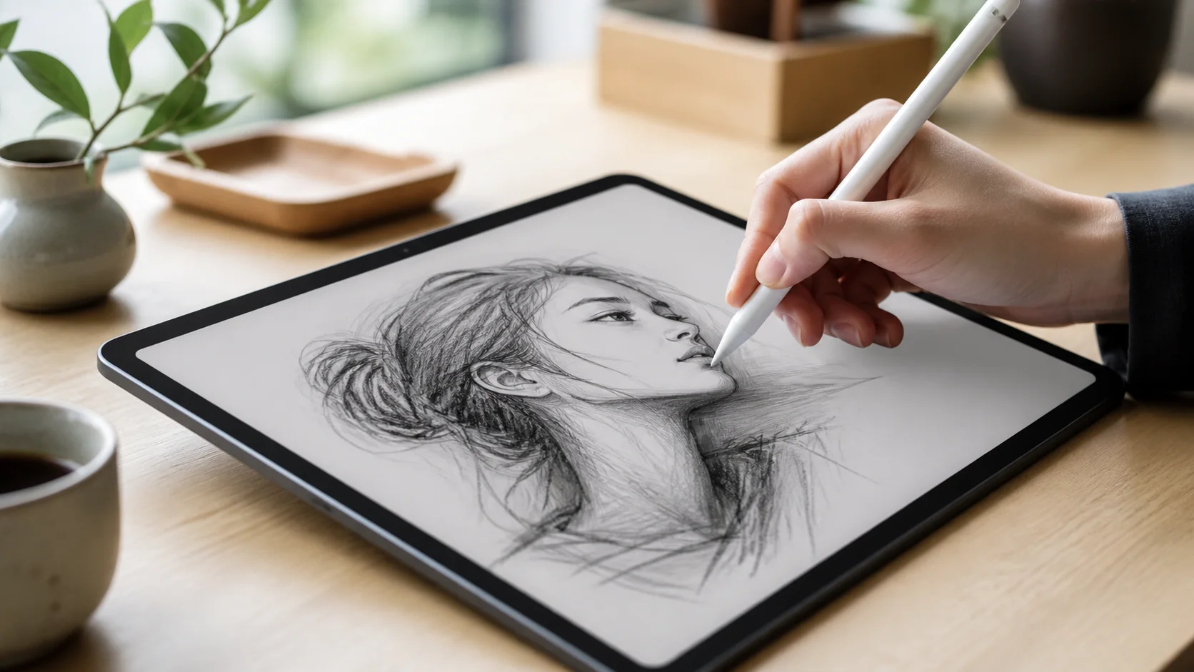 筆圧と傾きを使うイラスト制作の手元を表した編集画像