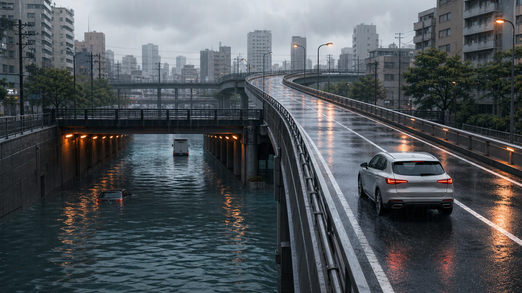 アンダーパスや低い道路の冠水危険箇所を避ける
