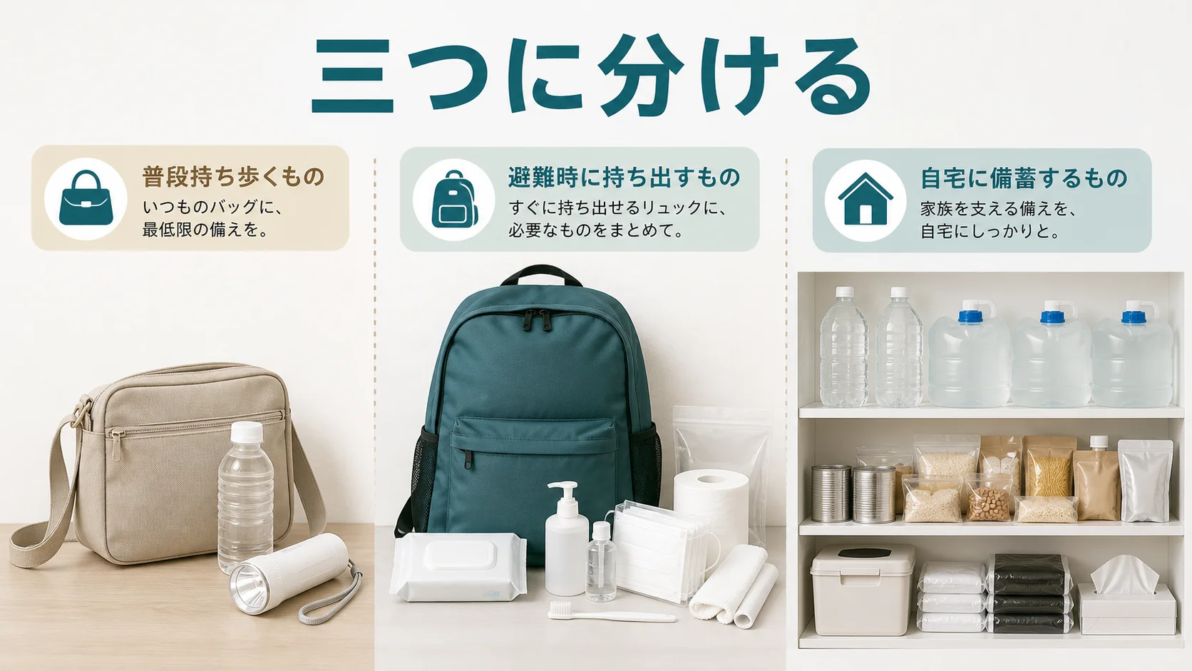 防災用品を0次の携帯と非常持ち出し袋と在宅備蓄へ分ける