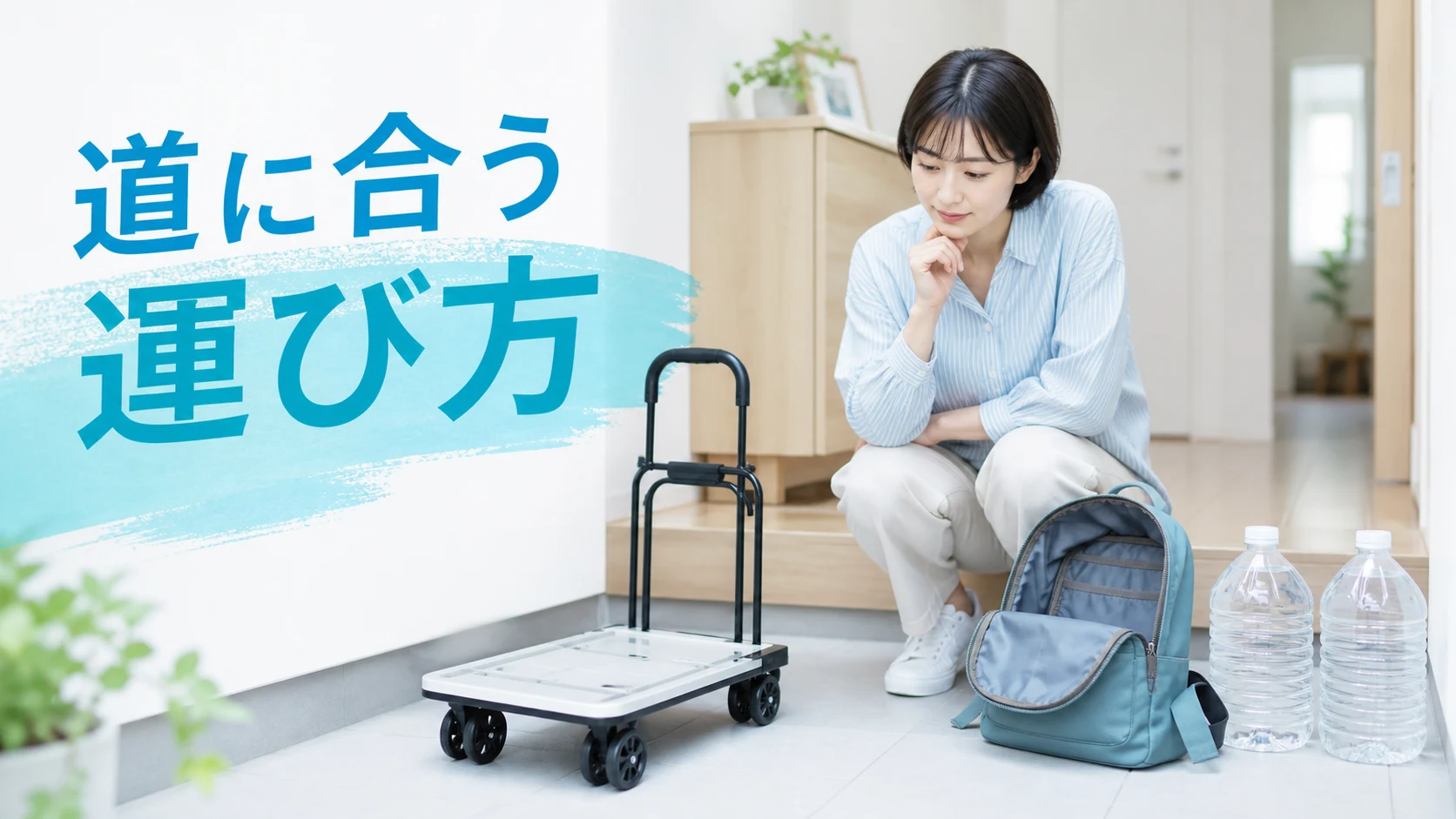 道の段差に合わせてリュックとカートを比べる準備