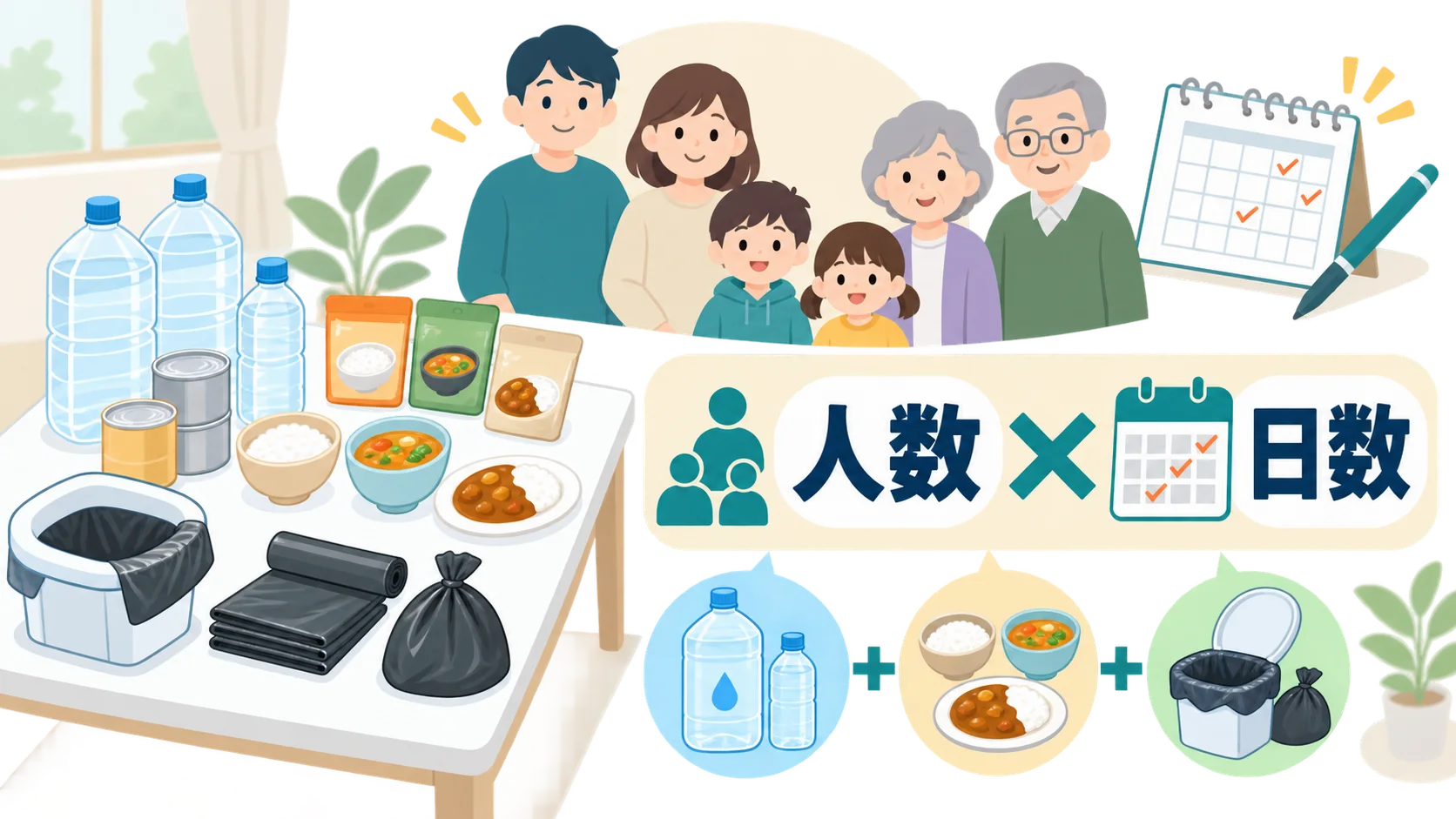 水と食料と簡易トイレを人数と日数から数える