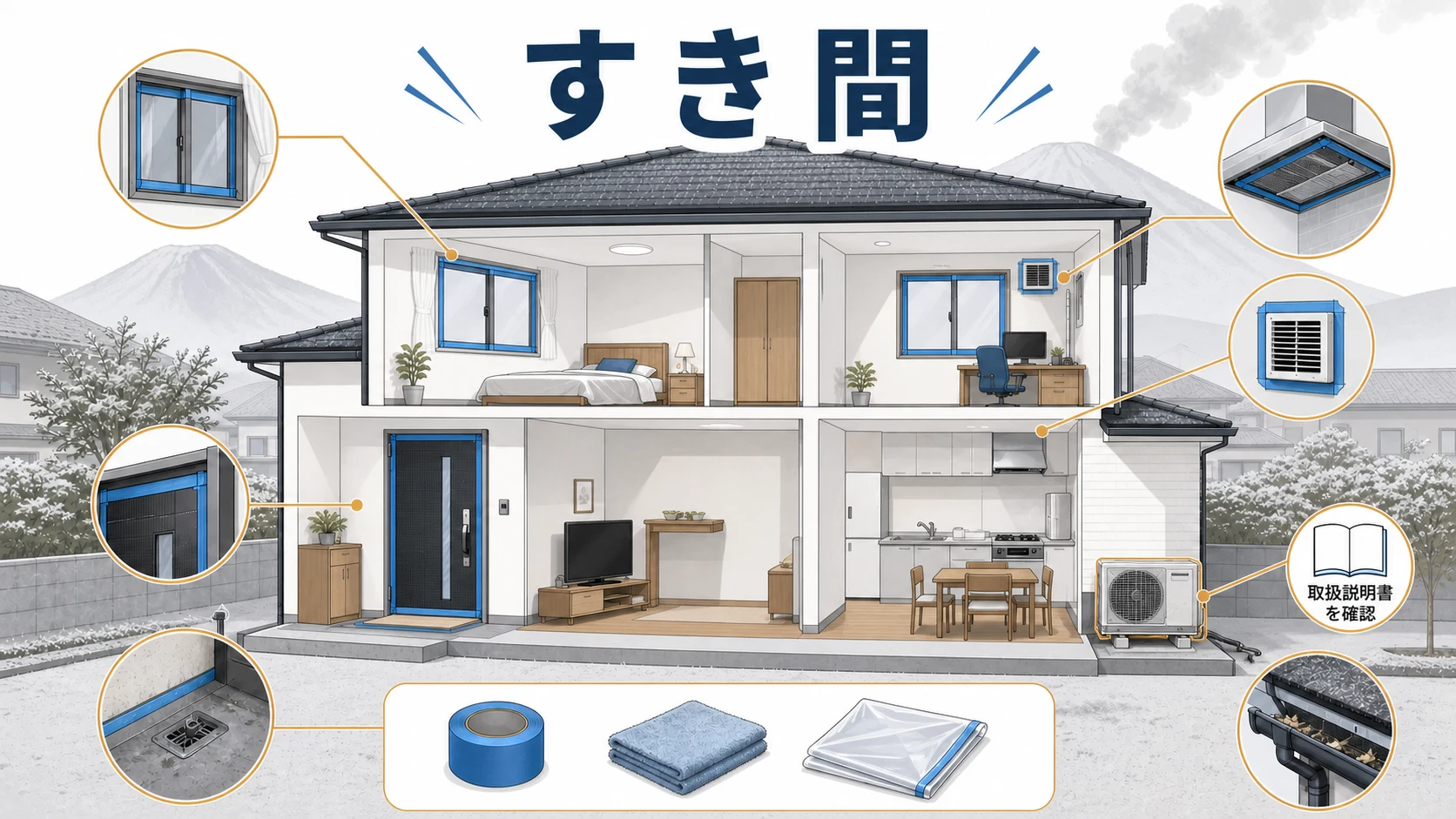降灰前に窓や換気口など家の隙間を確認する