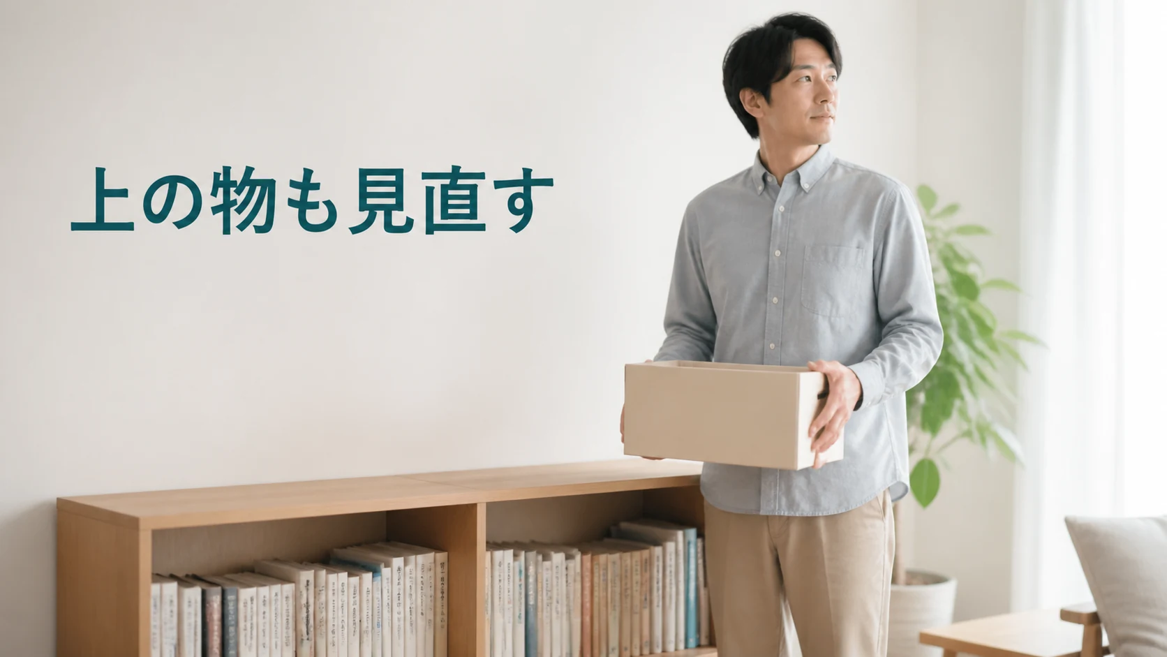 低い棚の上から軽い箱を下ろして整理する場面