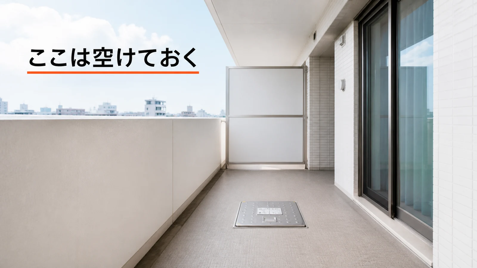 ベランダの隔て板と閉じた避難ハッチの周囲を空け、通路を確保する