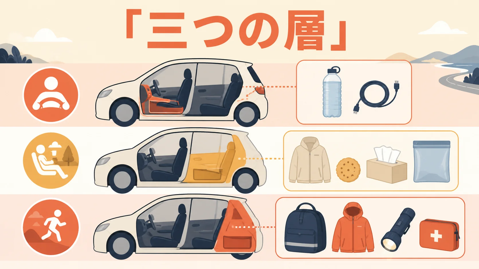 車旅行の持ち物を走行中と待機中と退避時の三層に分ける