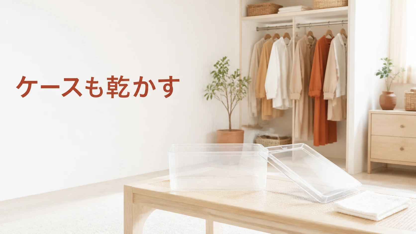 衣類を戻す前に空の収納ケースを手入れする場面