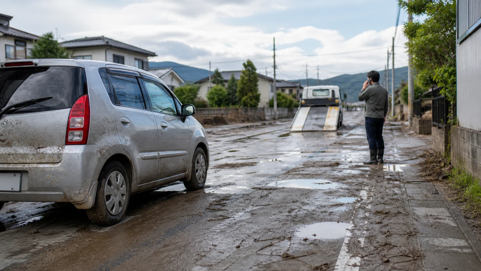 冠水した車のエンジンをかけずロードサービスへ連絡する