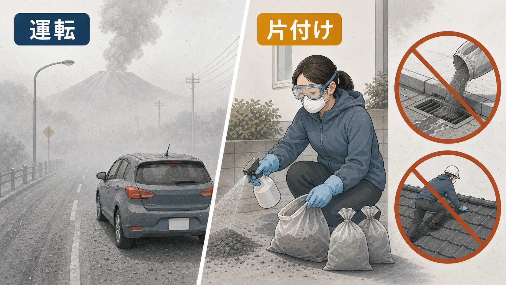 降灰中の車の使用と火山灰の片付け方を確認する