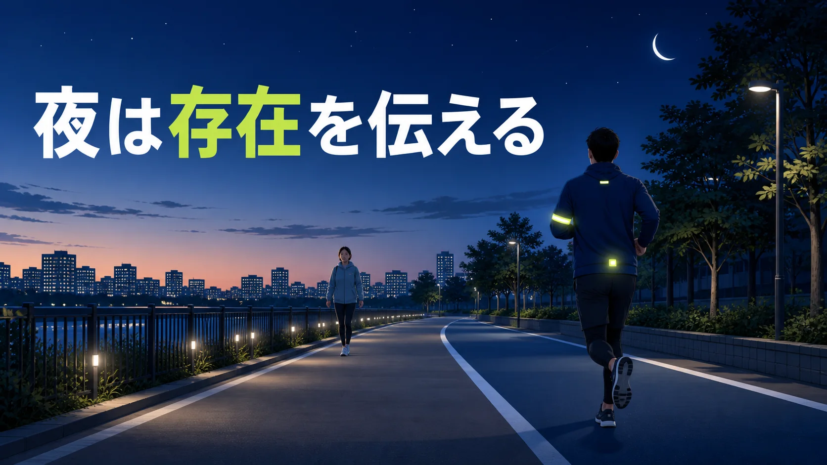 夜の歩道で周囲へ存在を伝えながら走る