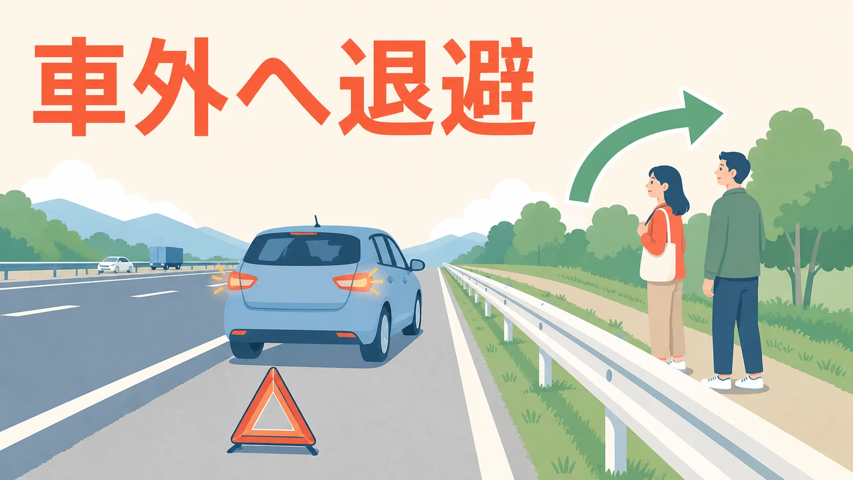 高速道路で停止後に同乗者が車外の安全な場所へ避難する