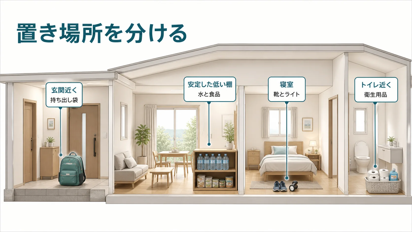水や持ち出し袋を災害リスクに合わせて家庭内へ分散保管する
