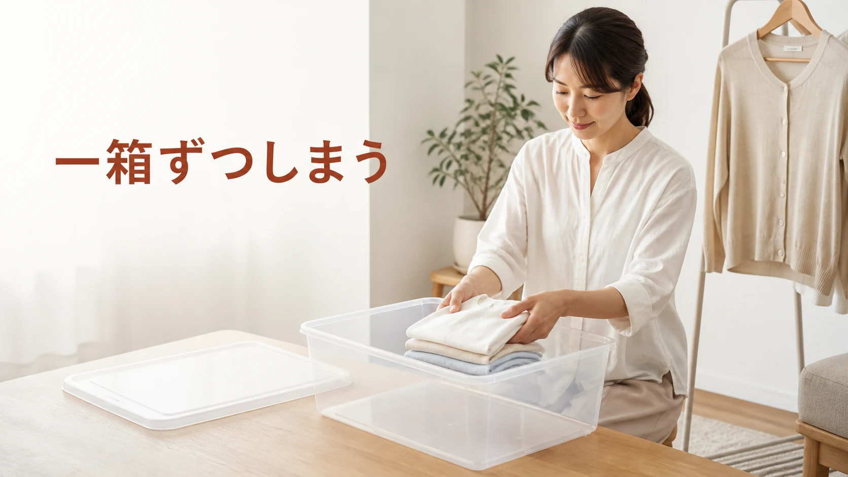乾燥を確認した衣類を一箱ずつ収納する場面