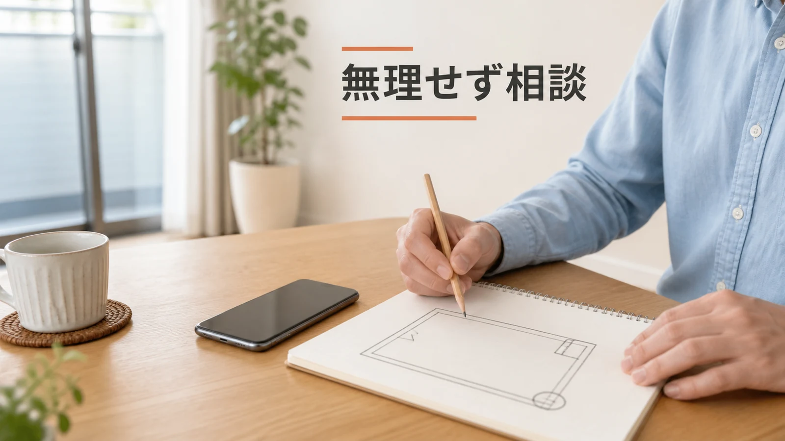 室内の机でベランダの位置と状況をメモし、管理者へ相談する準備をする