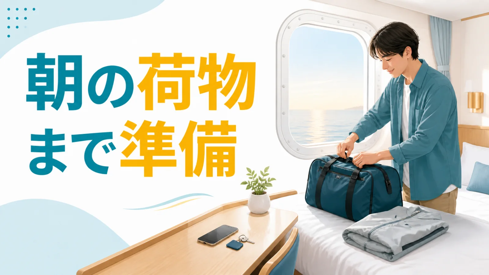 翌朝の服と乗船中の小物をまとめてバッグを閉じる
