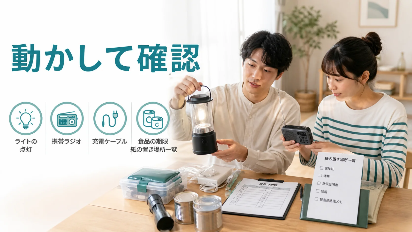 防災用品の期限と動作と置き場所を家族で最終確認する