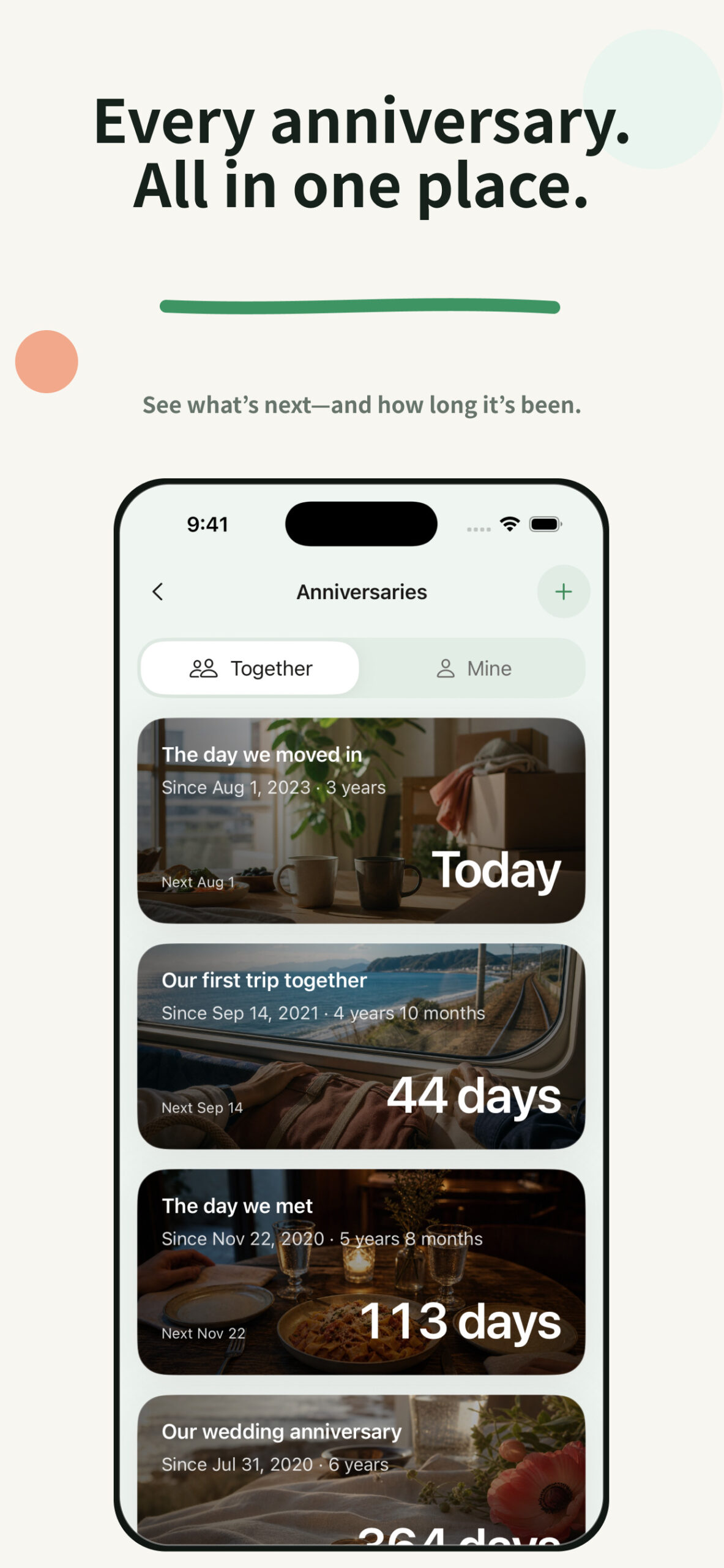 Nokoribi anniversary screen showing shared and personal dates