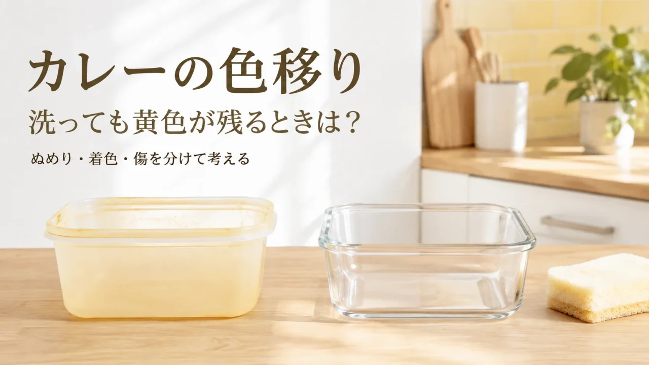 カレーの着色が残る樹脂容器とガラス容器を並べた洗い方のイメージ