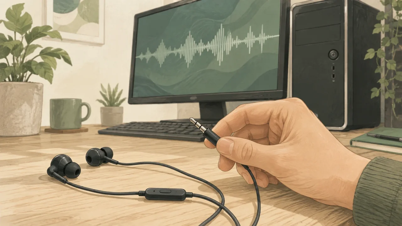 PCの前で有線イヤホンマイクのプラグを確認するイメージ