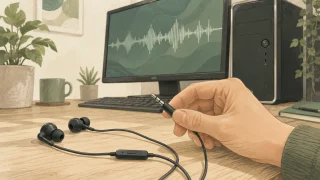 PCの前で有線イヤホンマイクのプラグを確認するイメージ