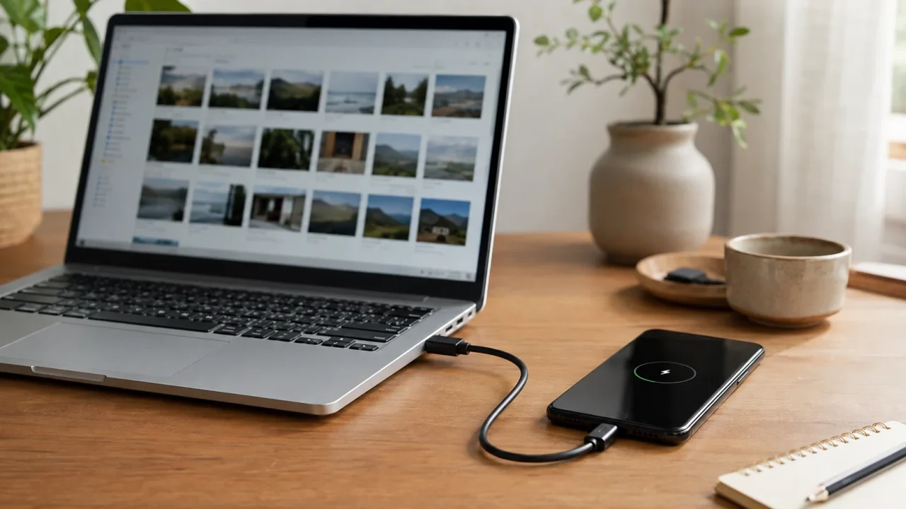 ノートPCとAndroidスマートフォンをUSBケーブルでつなぐ机上のイメージ