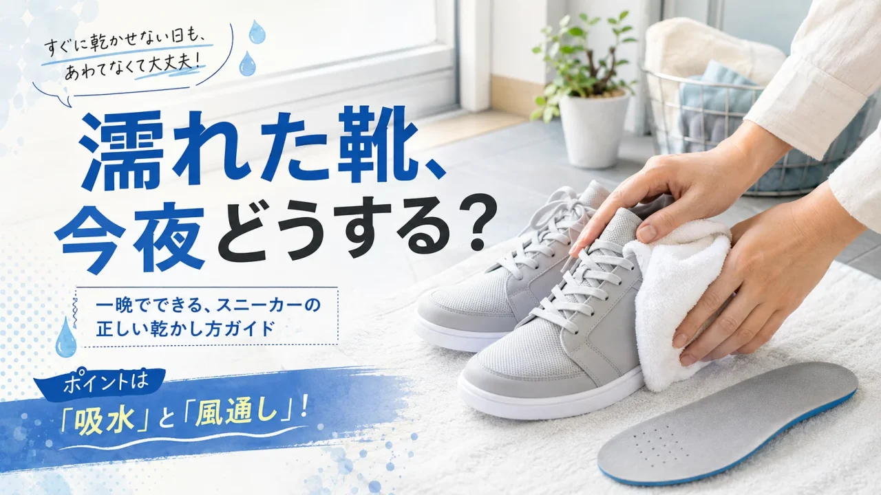 白い布で濡れたスニーカーの水分を取る帰宅後の手入れ