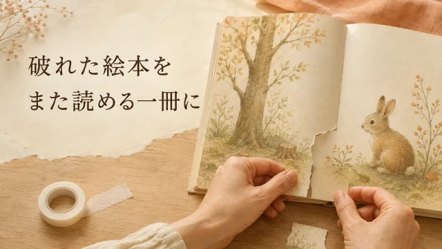 破れた絵本の紙片を丁寧に合わせる補修のイメージ