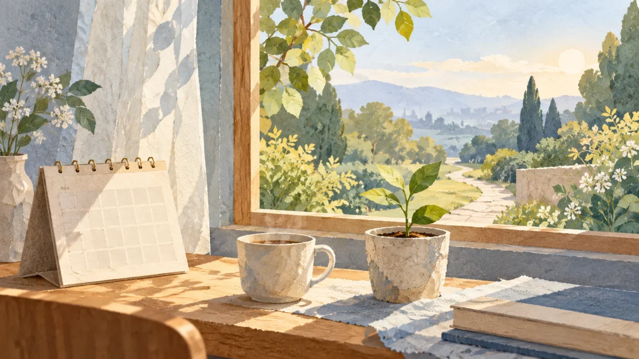窓辺の植物と白いカレンダーで、失われた時間と日常の回復を表現したイラスト
