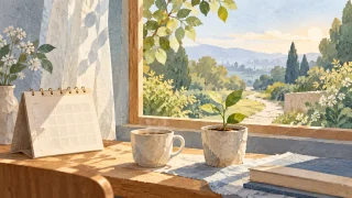 窓辺の植物と白いカレンダーで、失われた時間と日常の回復を表現したイラスト